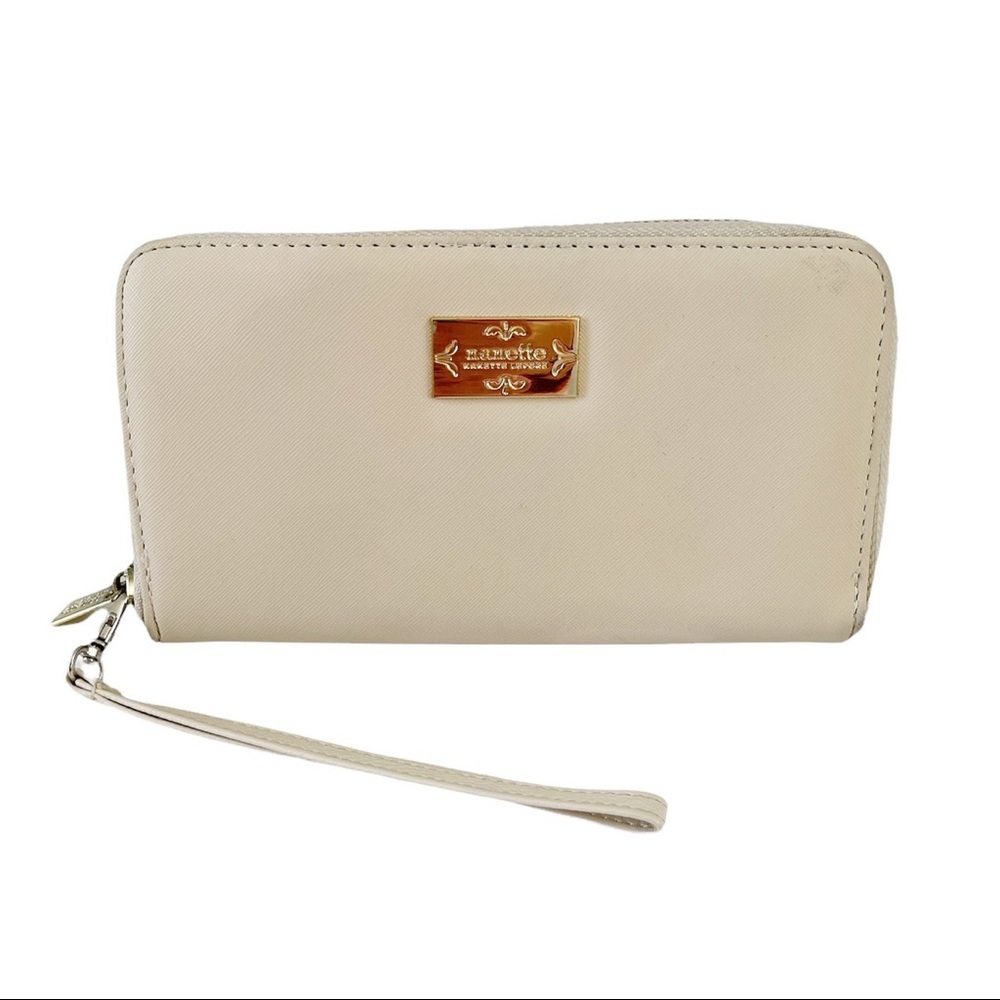 Nanette Lepore Cream Leather Zip Around Wristlet Wallet